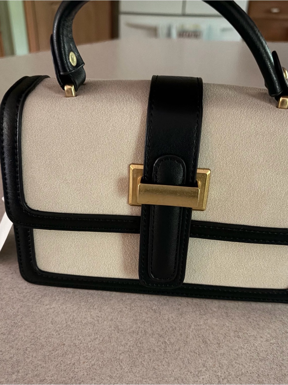 Nykaa NWT Structured Top-Handle Crossbody. Beige/Black Canvas&Leather 8x5.5